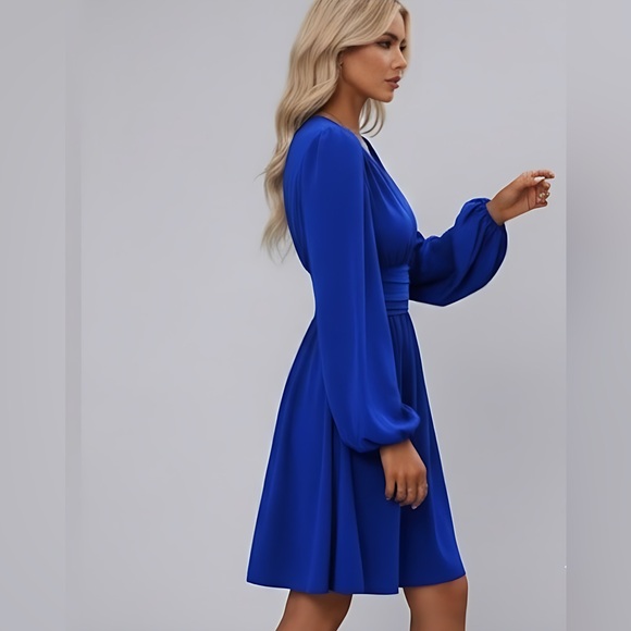 Lantern Sleeve Ruched Waist Dress Blue - Picture 4 of 10